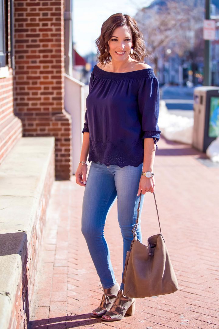 Eyelet Off-the-Shoulder Top Outfit with Lace-Up Block Heel Sandals