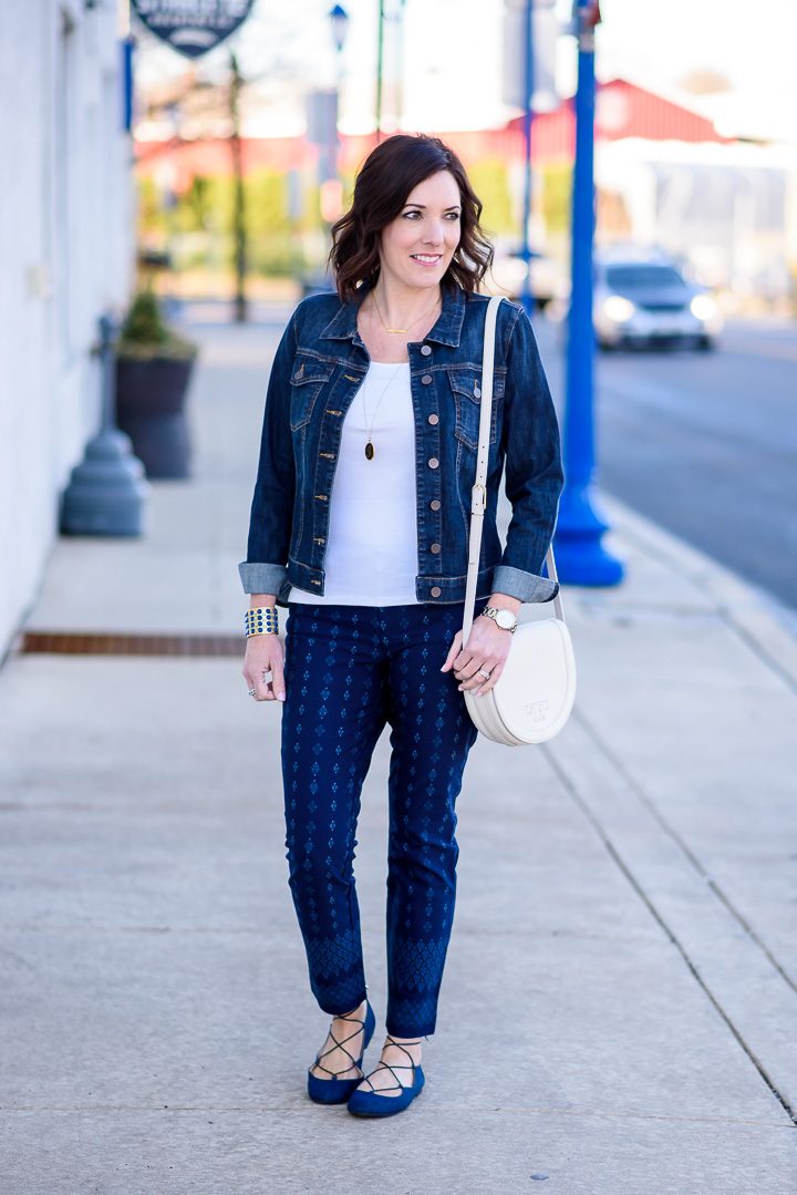 I'm styling a printed pants outfit for spring with the Gap bi-stretch skinny ankle pants in navy diamond print, white tee, denim jacket, and denim lace-up flats. 