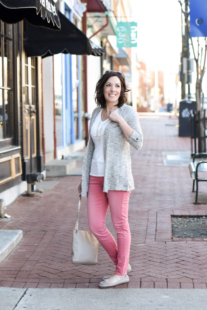 Pink Jeans Outfit with Grey Cardigan