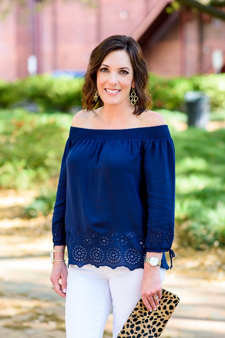 Spring Date Night Outfit: Navy Eyelet Off the Shoulder Top with White Jeans