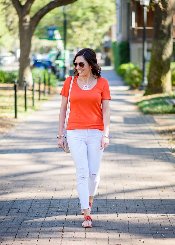 Orange & White Spring Outfit with Tory Burch Miller Fringe Thong Sandals