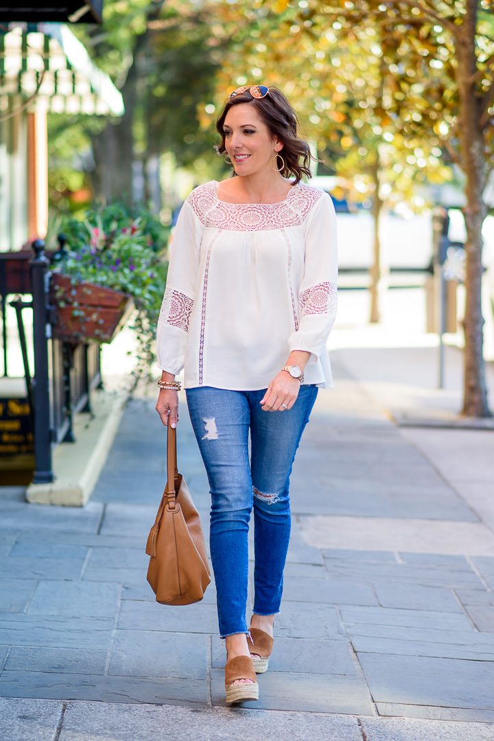 For a casual spring date night look, I wore the Joie Bellange Lace Peasant Top with AG Raw Hem Ankle Legging Jeans and Marc Fisher Adalyn Espadrilles