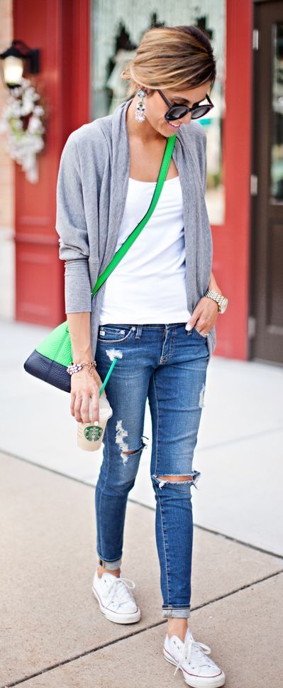 Cute soccer mom outfit -- ripped jeans, white tee, cocoon cardi, Converse!
