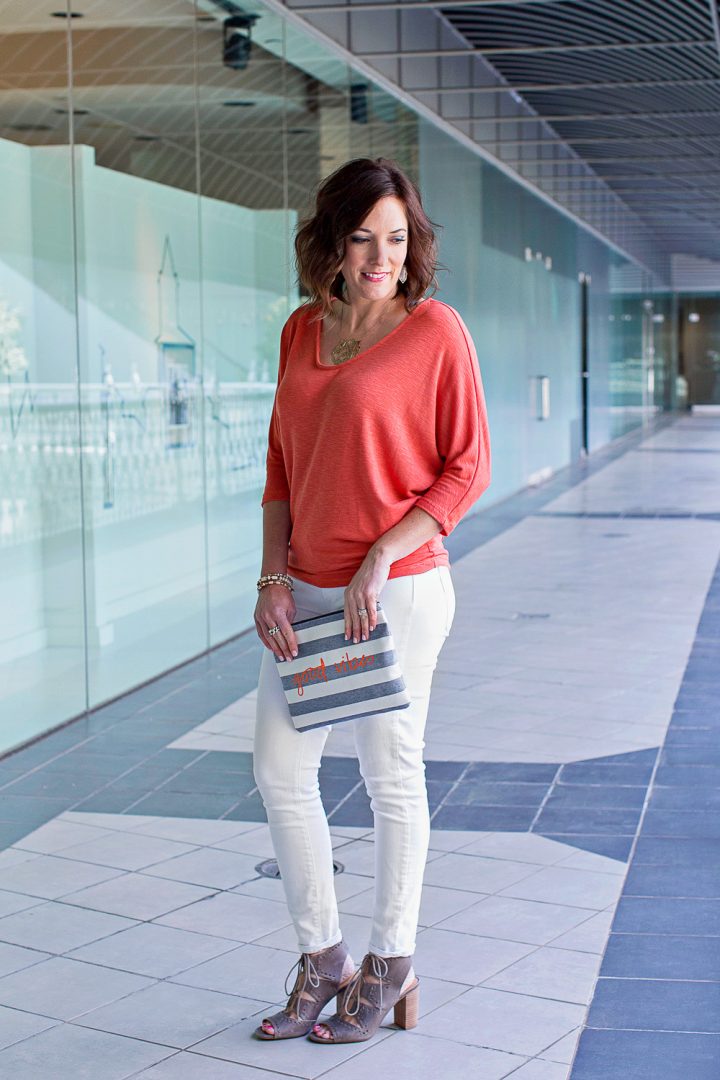 Spring Outfit: Orange Laila Jayde Bowie Dolman Sleeve Top via Stitch Fix, Stella & Dot All In One Good Vibes Pouch, white Paige Verdugo Ankle skinnies, Lucky Brand Tafia Heels