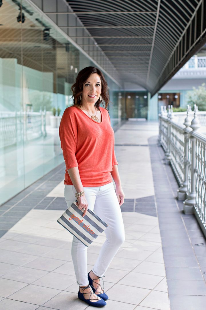 Spring Outfit: Orange Laila Jayde Bowie Dolman Sleeve Top via Stitch Fix, Stella & Dot All In One Good Vibes Pouch, white Paige Verdugo Ankle skinnies, Sam Edelman Flynt Ghillie Flats