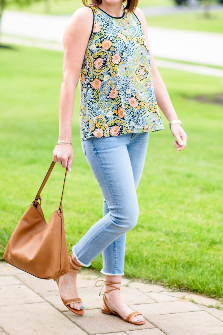 Printed Shell + Frayed Crop Jeans + Cognac Lace Up Sandals = Casual Spring Outfit