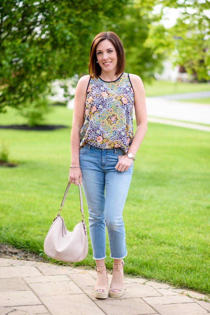 Printed Shell + Frayed Crop Jeans + Marc Fisher Annie Espadrilles = Cute Spring Outfit