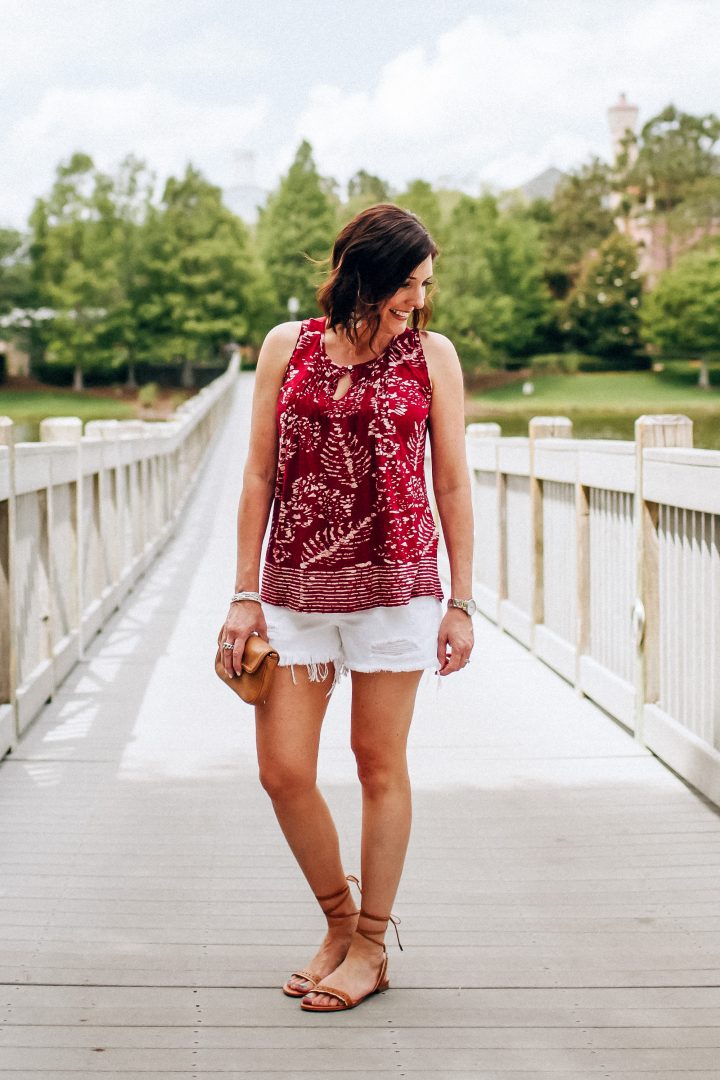 What to Wear for Memorial Day Cookouts & Picnics: Lucky Brand Batik Tank with White Cutoff Denim Shorts
