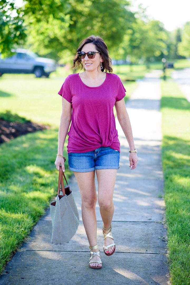 An easy summer shorts outfit that's perfect for casual days at home or vacation. The key to keeping this look from being frumpy is proper fit and cute accessories!