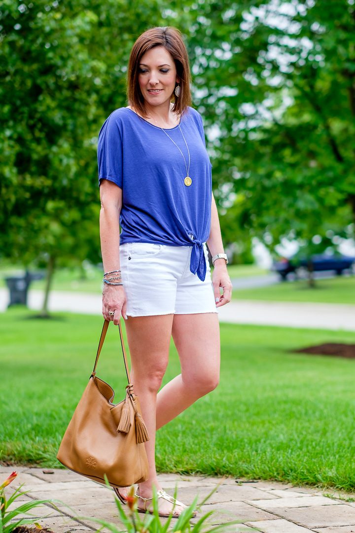 A casual tie front tee and shorts outfit with gold thong sandals. This is pretty much what I live in every day all summer long. 