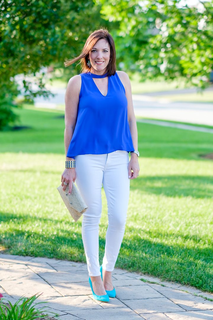 Choker Neck Top Outfit with blue Lush choker swing tank, white Paige Verdugo ankle skinny jeans, and Gulf Blue Sam Edelman Hazel Pumps