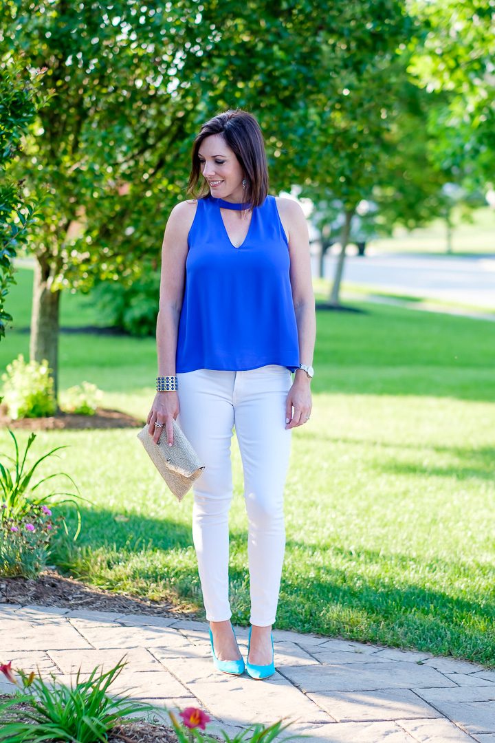 Choker Neck Top Outfit with blue Lush choker swing tank, white Paige Verdugo ankle skinny jeans, and Gulf Blue Sam Edelman Hazel Pumps