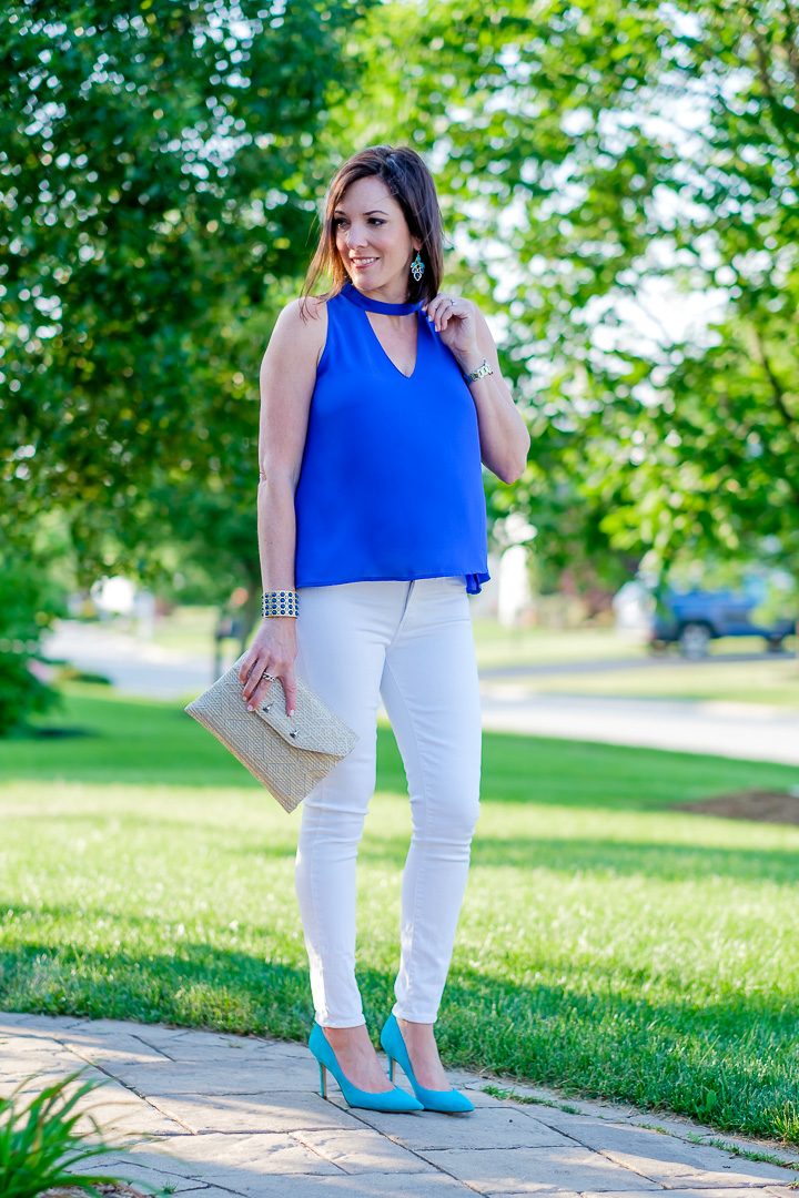 Choker Neck Top Outfit with blue Lush choker swing tank, white jeans, and turquoise pumps