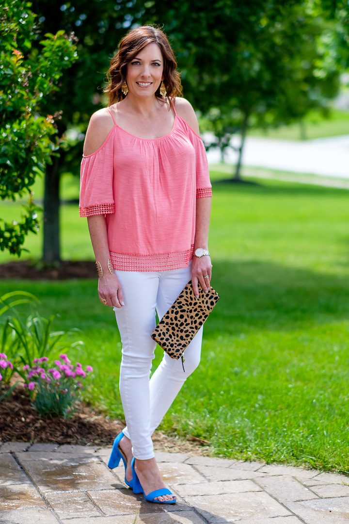 Coral Cold Shoulder Top with White Jeans and Blue Sandals