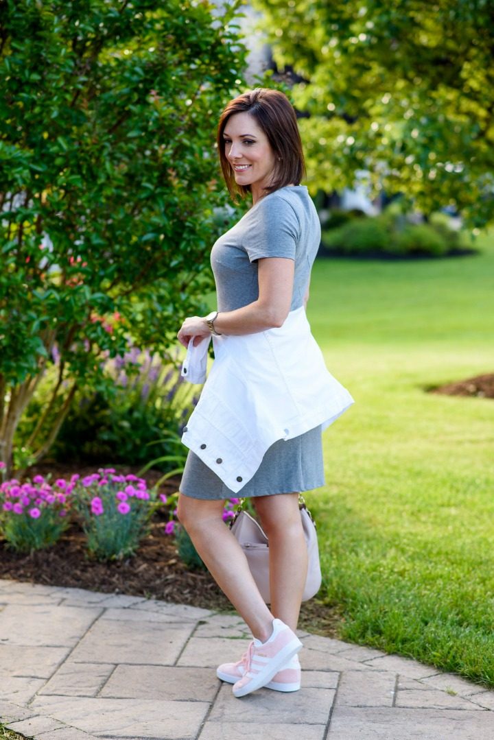 This fitted v-neck t-shirt dress from Old Navy is a great alternative to shorts in the summertime. Just throw it on with sneakers or sandals, add a denim jacket or cardigan along with a few simple accessories, and you're good to go!