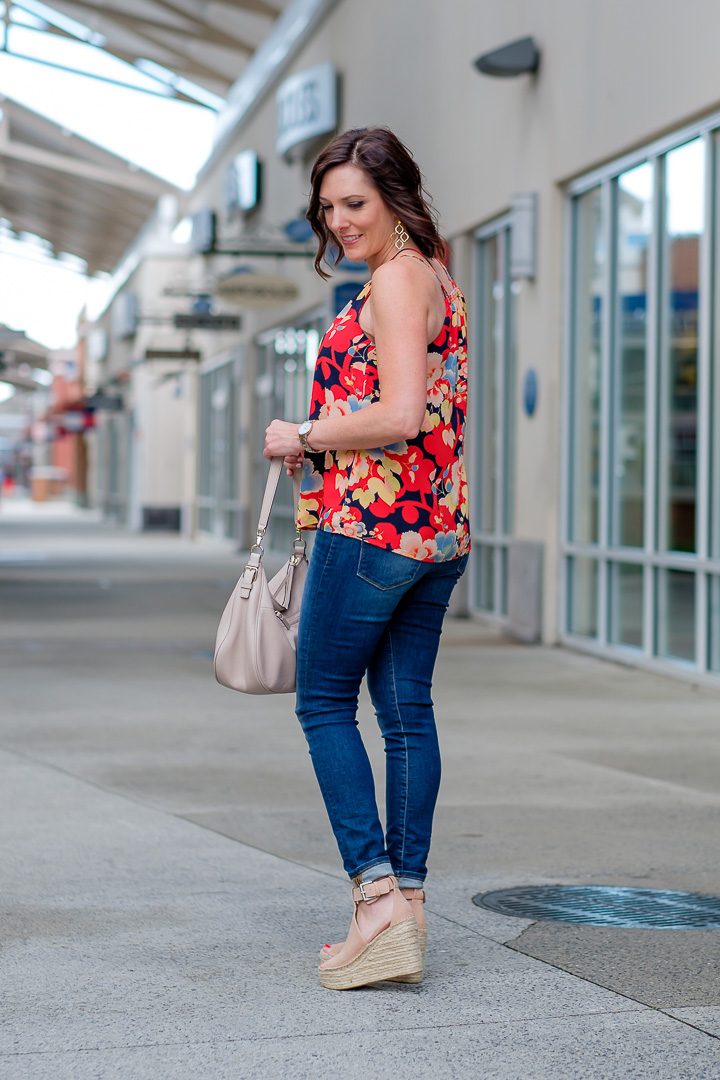 Tropical Floral Top Outfit: Loft Tropic Double Strap Cami with Lucky Brand Brooke Legging Jeans and Marc Fisher Annie Wedge Espadrilles
