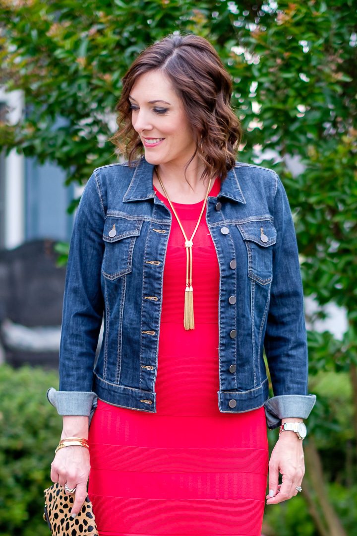 Today I'm teaming up with Nordstrom to style a fun and flirty look featuring a red sleeveless summer sweater dress with a denim jacket, neutral block heel sandals, and leopard clutch.
