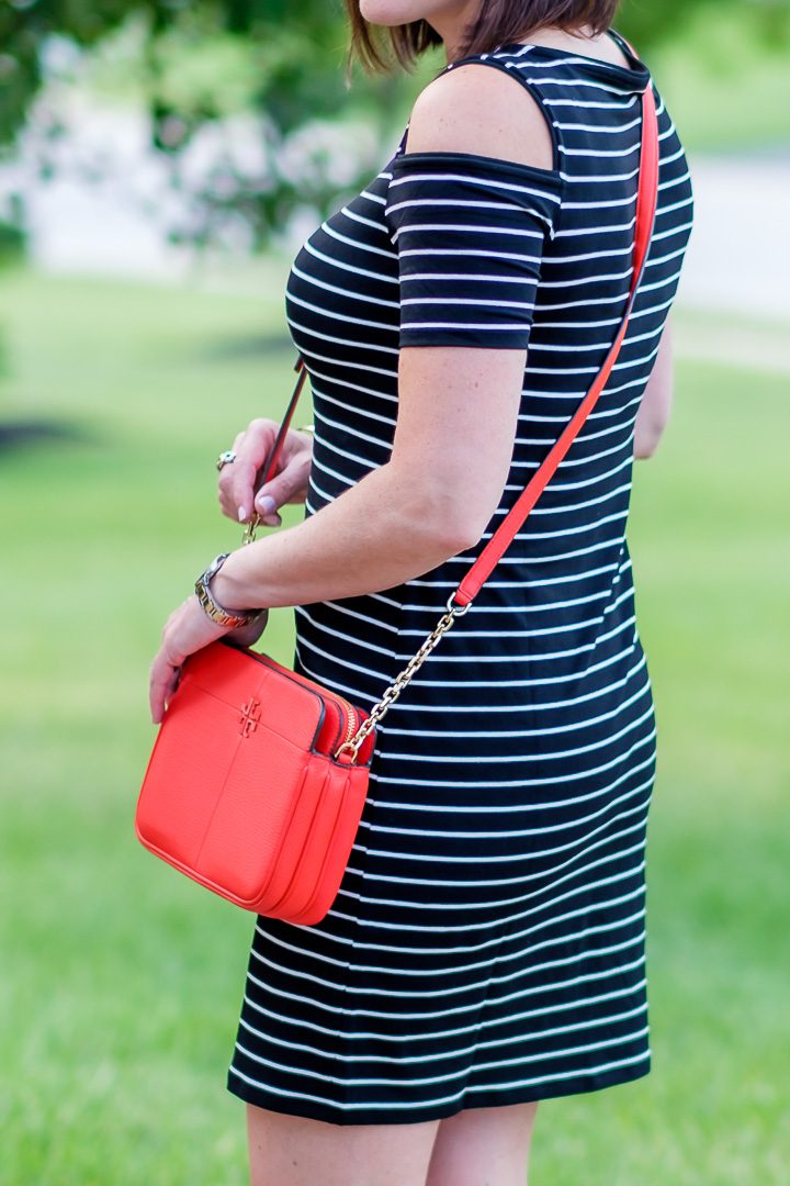 Cold Shoulder Striped Sneaker Dress with red crossbody