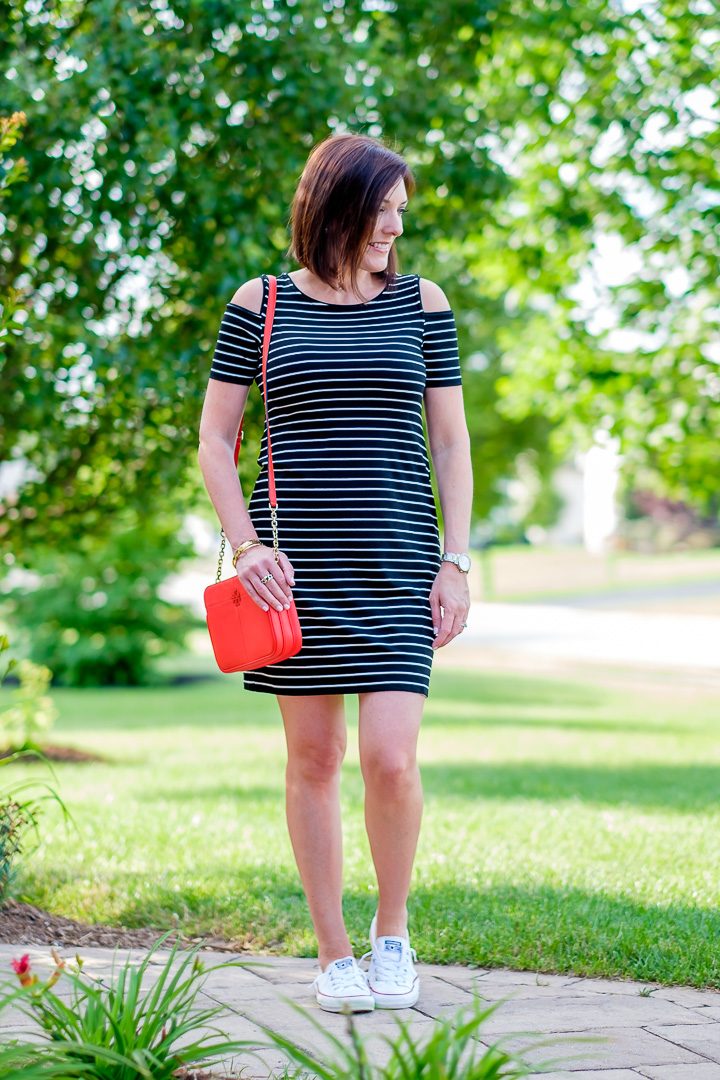 Cold Shoulder Striped Sneaker Dress with red handbag and Converse Shoreline