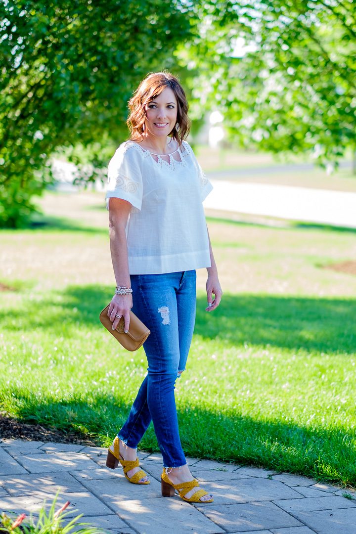 Fashion Friday | Summer Outfit | Jo-Lynne Shane styling the Madewell Eyelet Peekaboo Top with AG Legging Ankle Jeans and Sole Society Evelina Block Heel Sandals