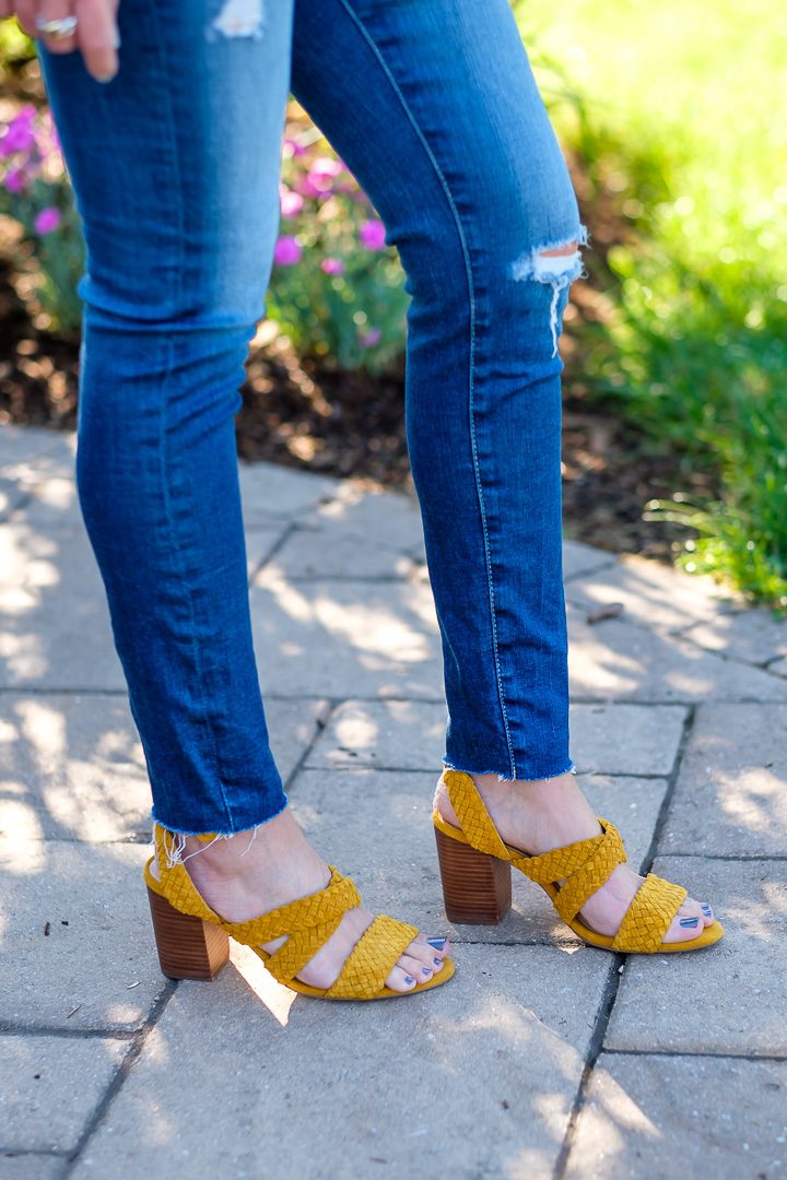 Sole Society Evelina Block Heel Sandals in Mustard with AG Raw Hem Legging Ankle Jeans