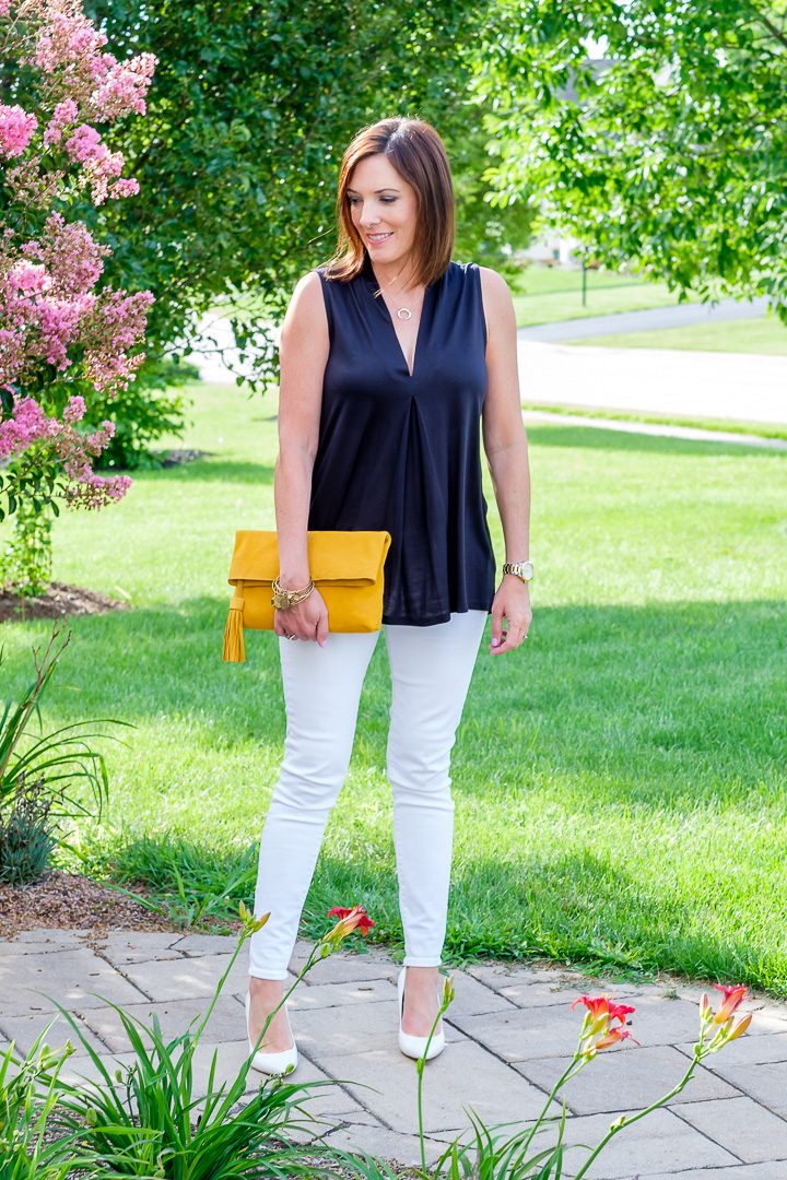 Black and White Summer Outfit with Yellow Tassel Clutch and White Sam Edelman Hazel Pumps