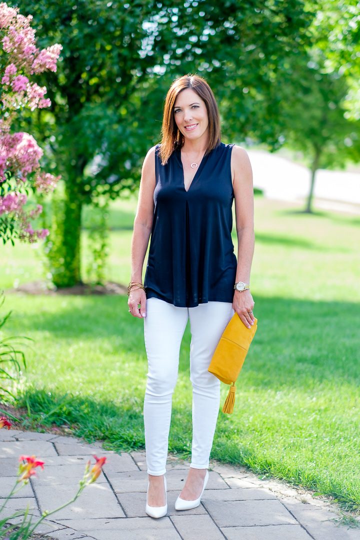 Black & White Summer Outfit with Yellow Tassel Clutch and White Pumps
