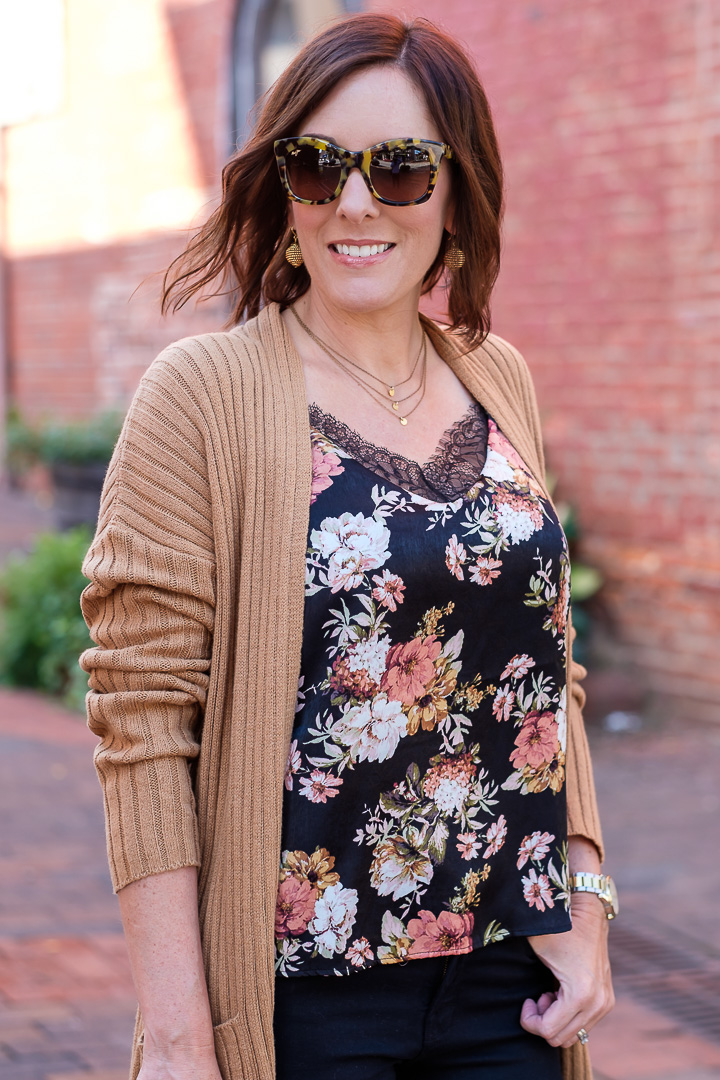 Fall florals and a camel cardigan. 