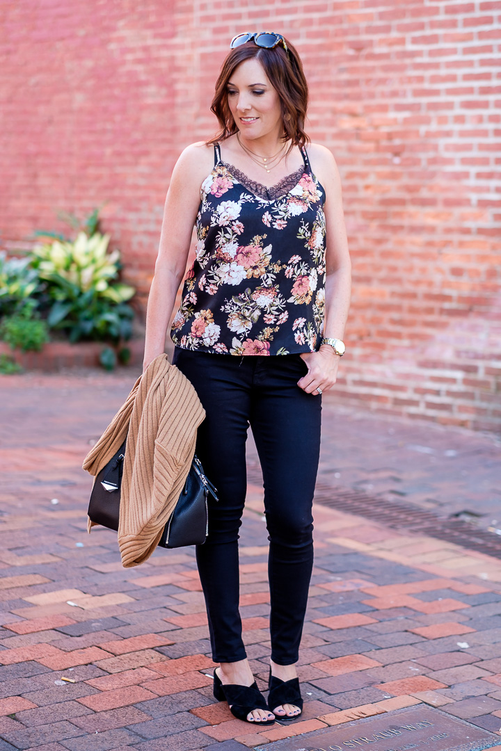 Fall transition outfit featuring several of this year's hottest trends -- cardigans, slides, and fall florals!