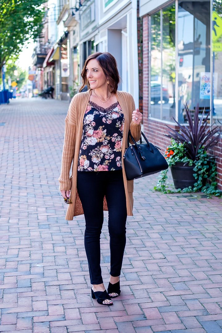 Fall transition outfit featuring several of this year's hottest trends -- cardigans, slides, and fall florals!