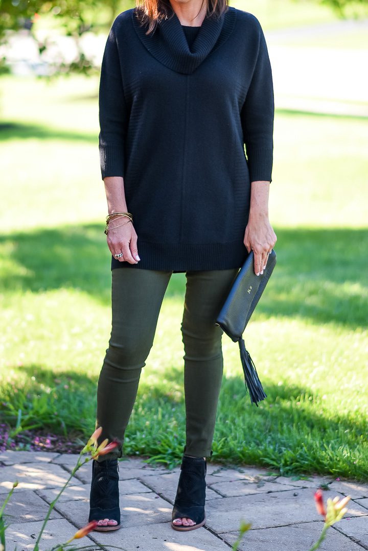 How to Wear Spruce Green Jeans: I paired my spruce skinnies with a black tunic sweater and black peep toe ankle boots. I chose black booties to bookend the outfit and also to keep the overall color scheme in the darker tones. The peep toe and slingback features keep them from looking too heavy and work well with the 3/4 sleeve sweater.