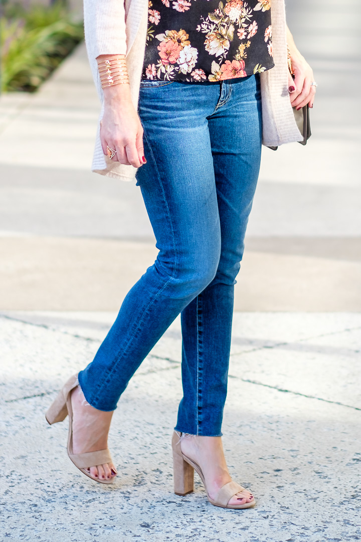 Fall outfit with AG Legging Ankle Jeans and Sam Edelman Yaro Sandals
