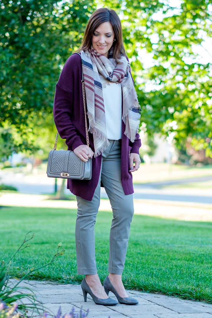 Jo-Lynne Shane styling a fall work wear look with Ecco Shoes, burgundy cardigan, plaid scarf, and Gap bi-stretch ankle skinny pants. 