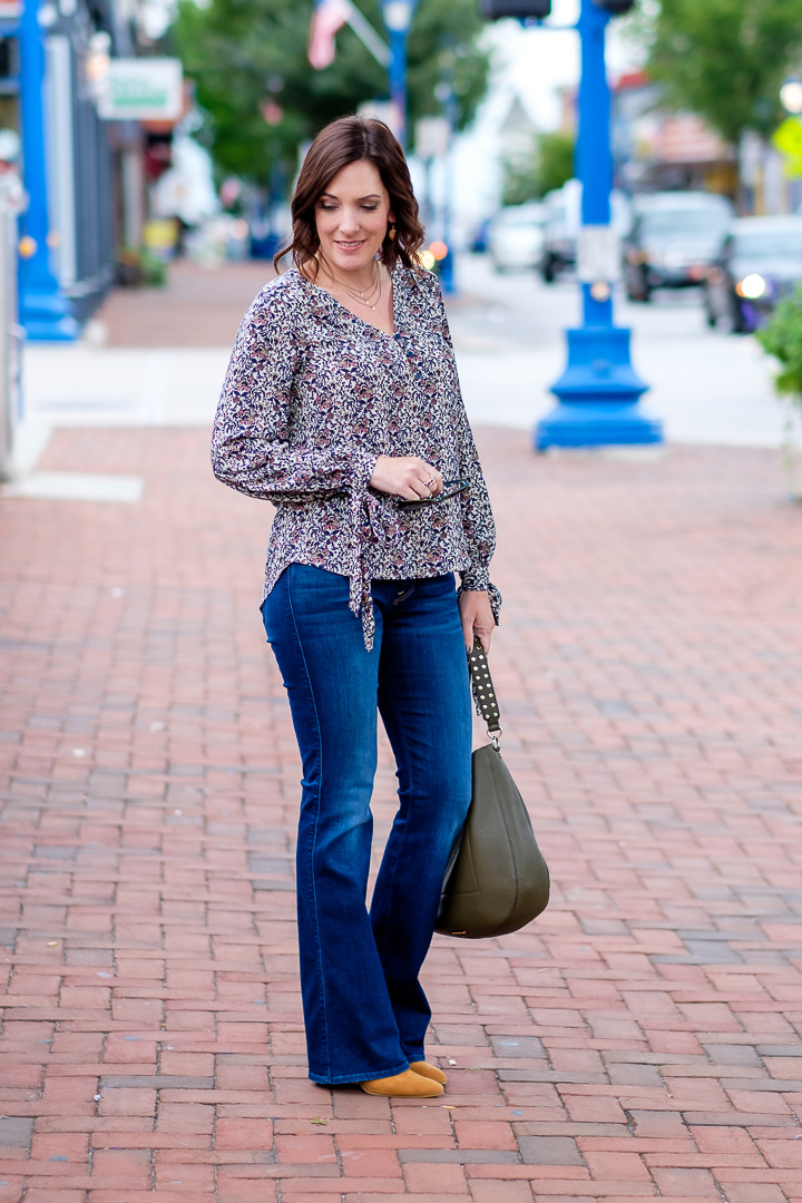 Fall Outfit: tie sleeve top with bootcut jeans and camel ankle boots