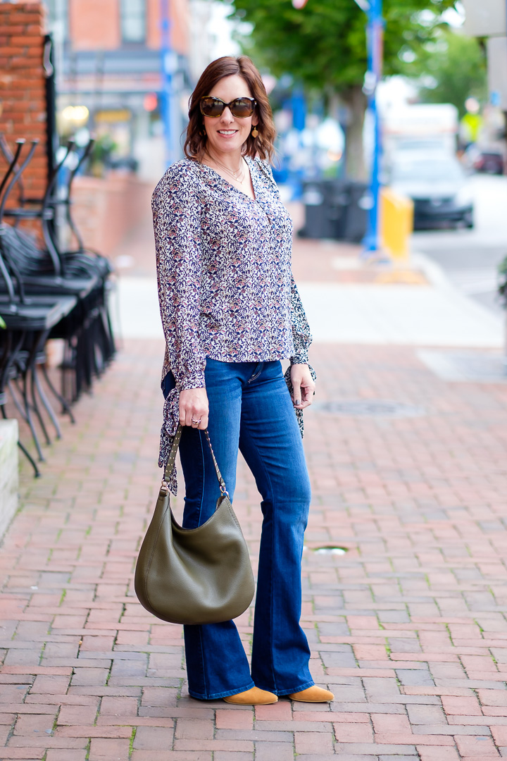 Fall Outfit: tie sleeve top with bootcut jeans and camel ankle boots